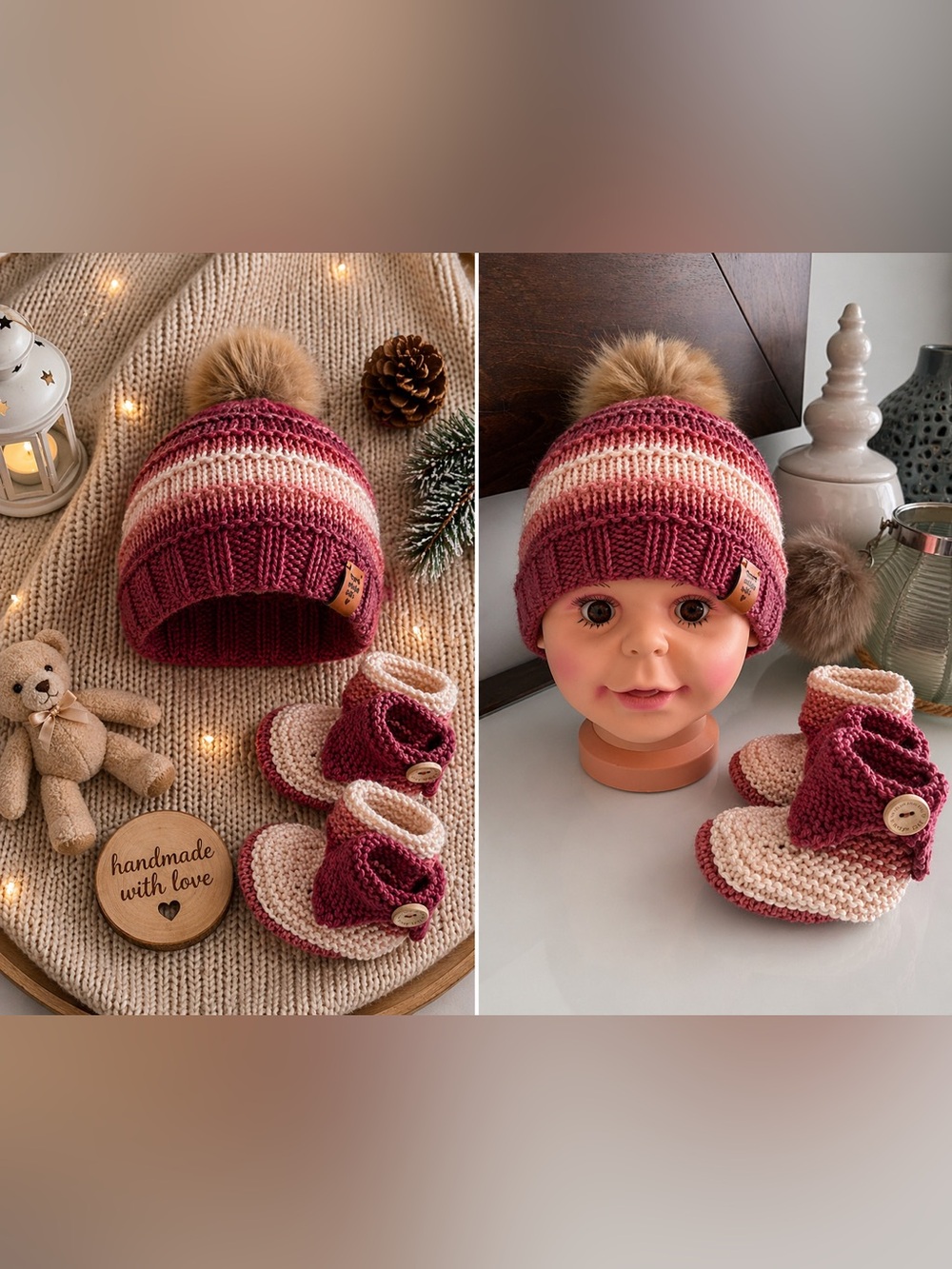 Knit Pom-Pom Headband and Booties Set - Rose & Cream, knitted in Merino wool